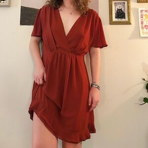 Chic V-Neck Rust Mini Dress